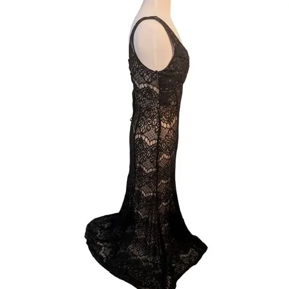 Black Lace Gown 5 Corset Nude Lining Formal Whimsigoth Witchy Vampire Romantic - Picture 7 of 13
